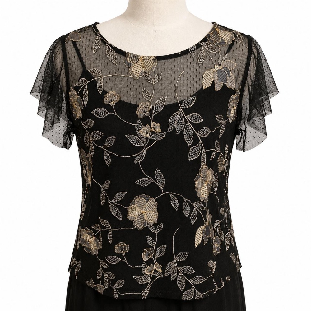 Black Sheer Mesh Floral‎ Embroidered Flutter Sleeve Top